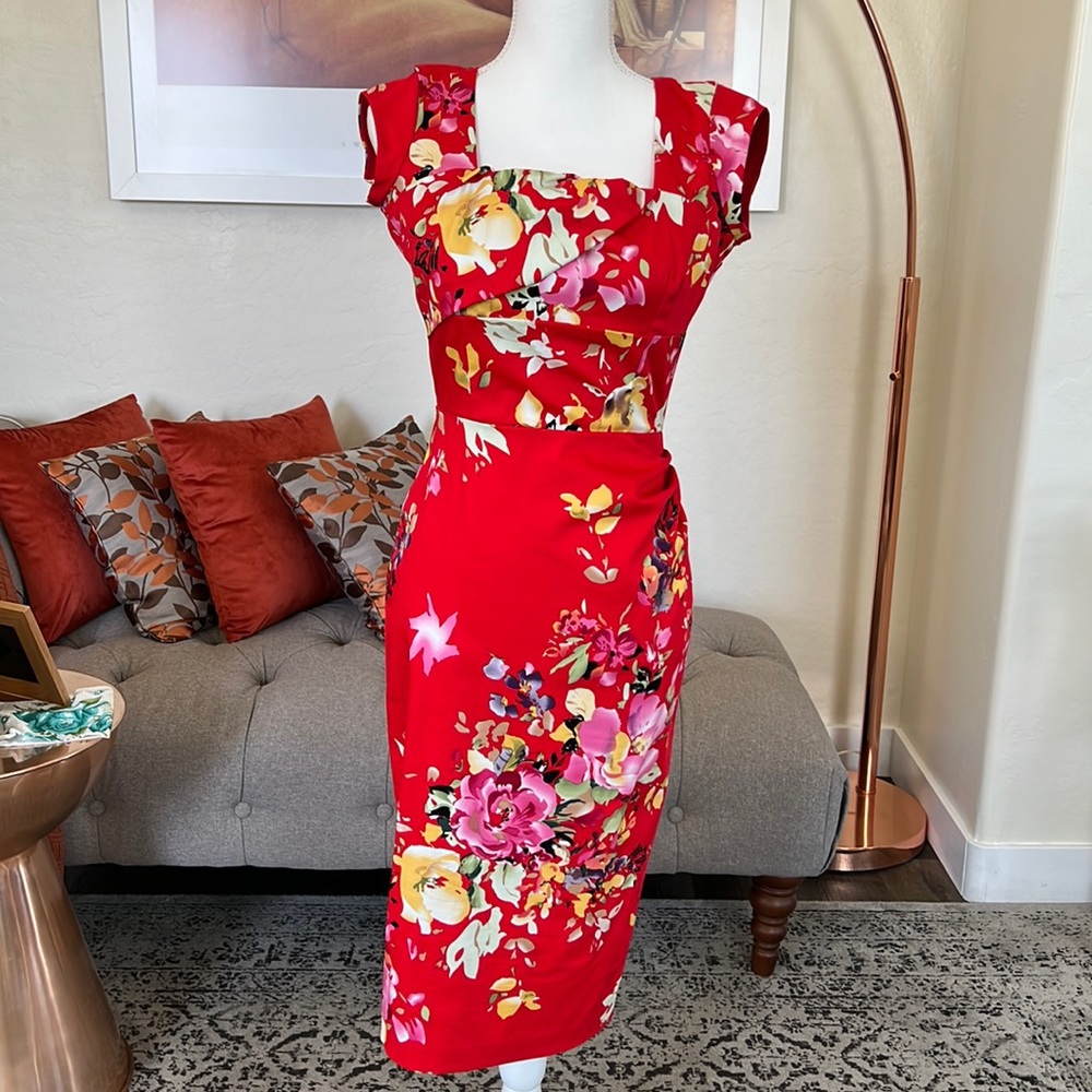 The Pretty Dress Company red and yellow wiggle dress with cap sleeves.